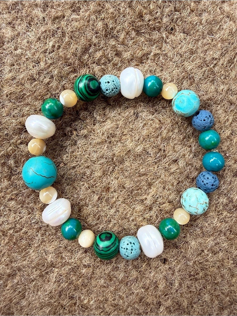 Handmade Beaded Stretch Bracelet in Turquoise & Fresh Water Pearl